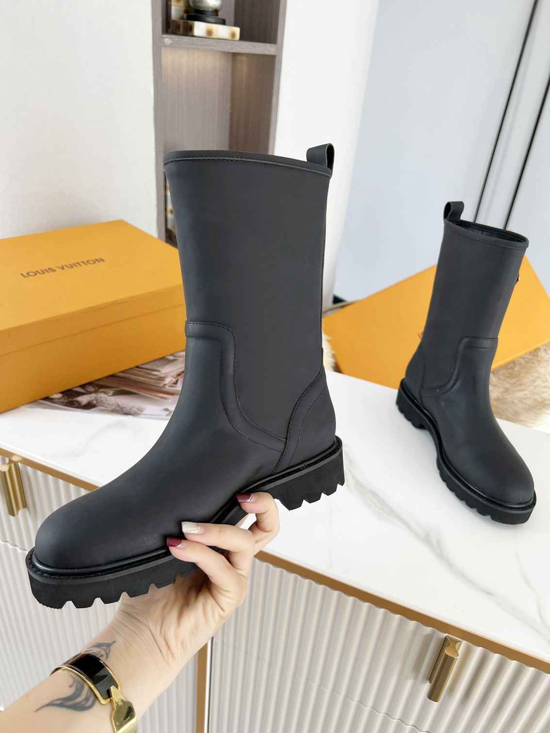 Louis Vuitton Tag Embelllished Territory flat half boot For Women in 257725, cheap Louis Vuitton Boots, only $85!