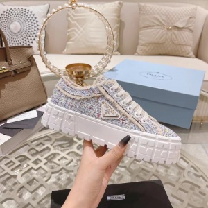 $89.00,Prada double Heel triangular logo plaque tweed Sneaker For Women # 265340