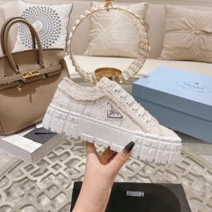 $89.00,Prada double Heel triangular logo plaque tweed Sneaker For Women # 265341