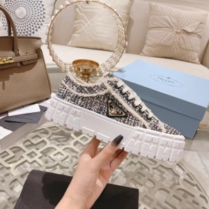 $89.00,Prada double Heel triangular logo plaque tweed Sneaker For Women # 265342