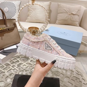 $89.00,Prada double Heel triangular logo plaque tweed Sneaker For Women # 265343