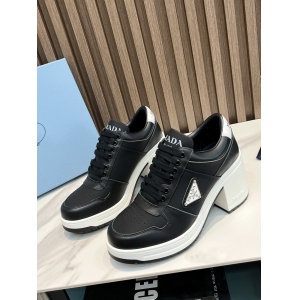 $92.00,Prada Downtown high heeled leather sneakers For Women # 265365
