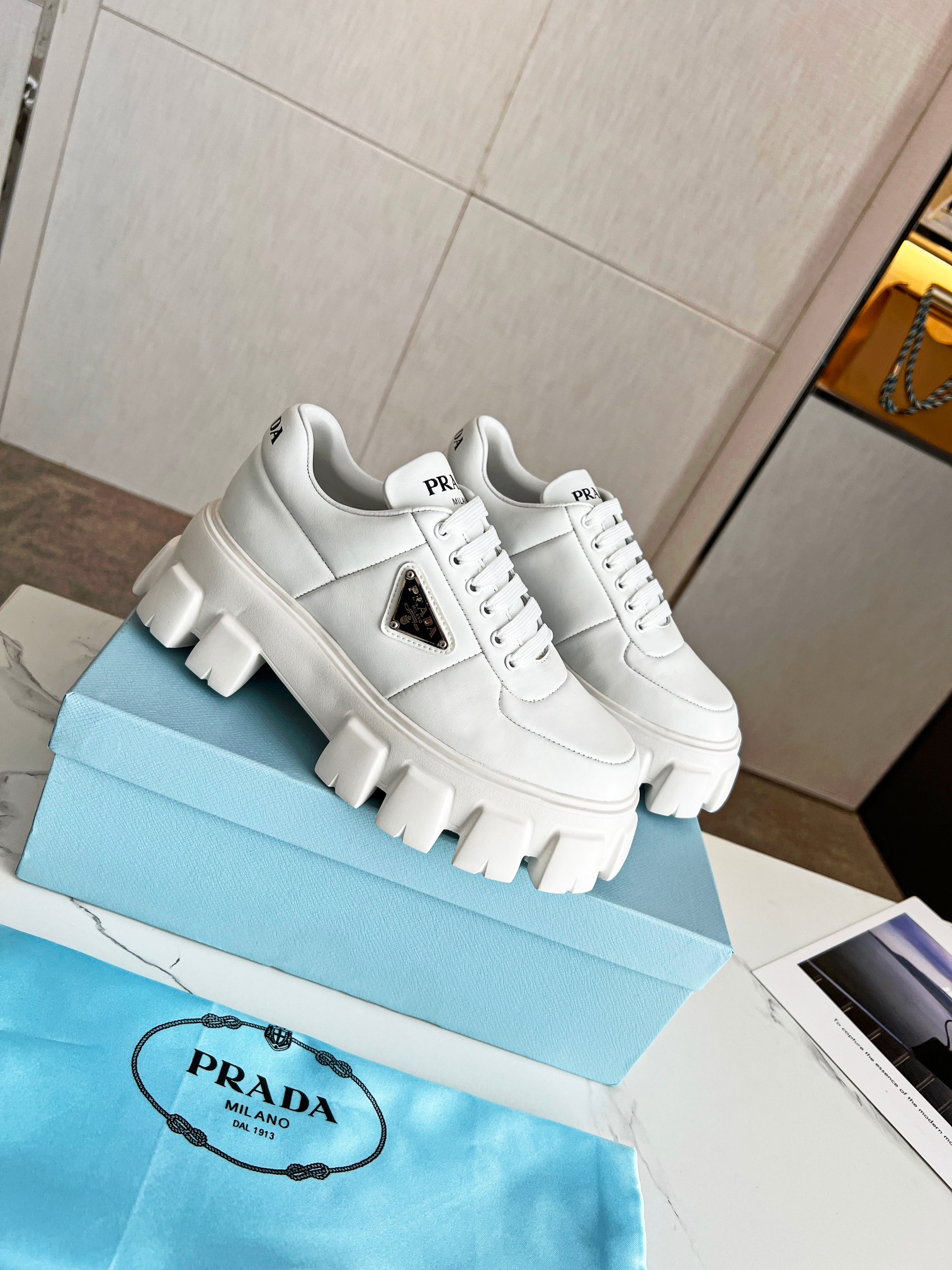 Prada Soft padded nappa leather lace up shoes For Women # 265361