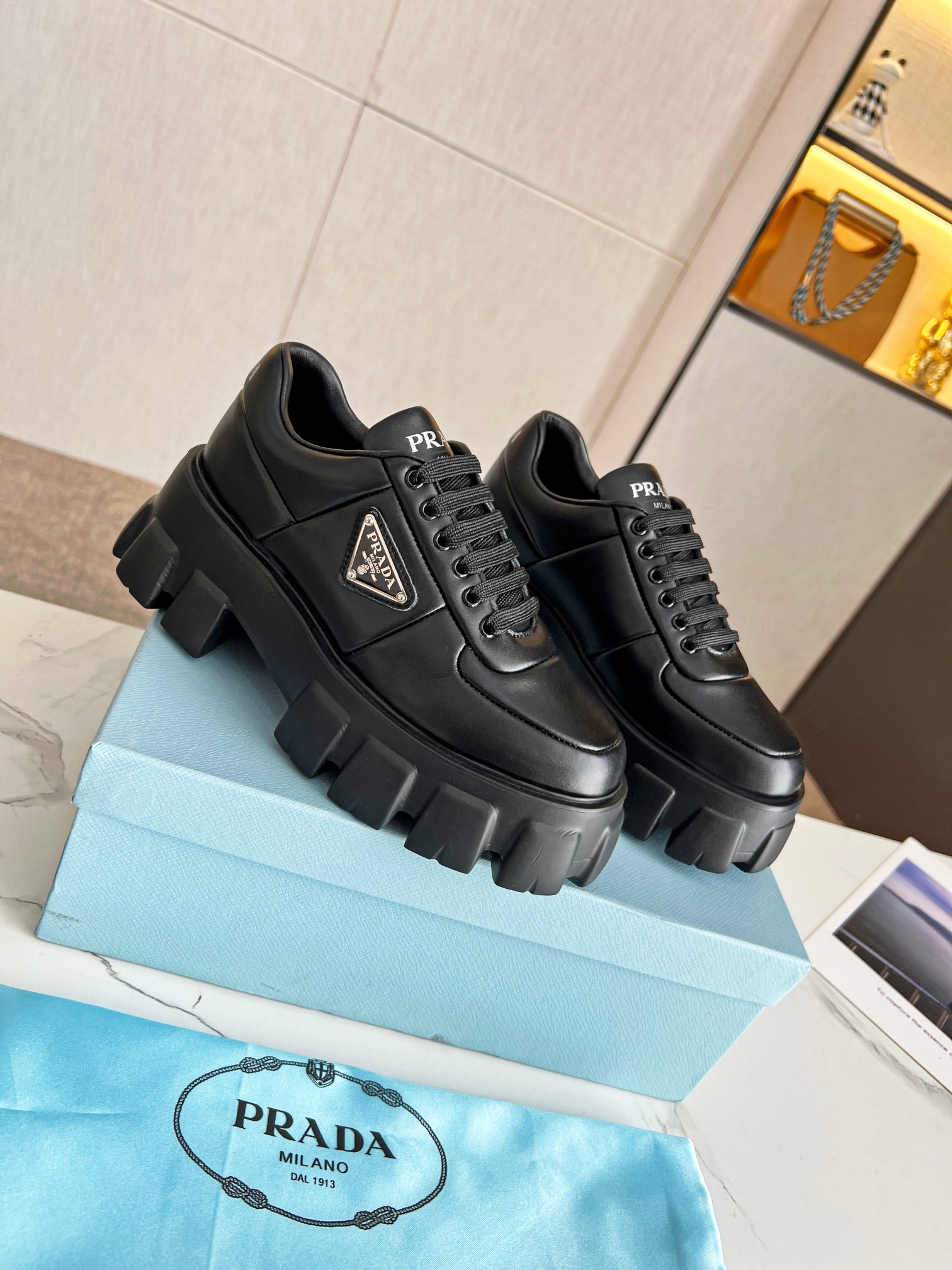 Prada Soft padded nappa leather lace up shoes For Women # 265362