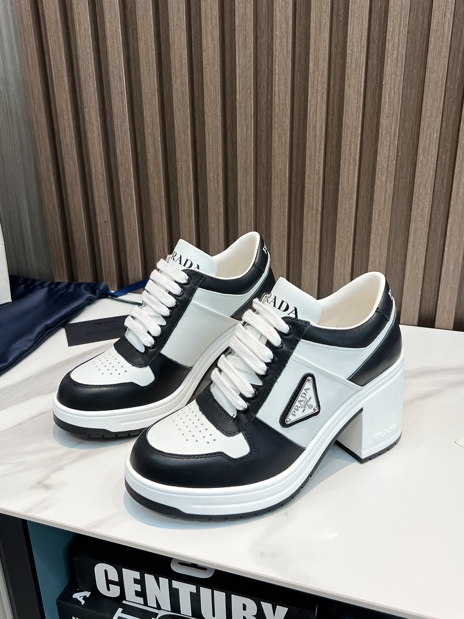 Prada Downtown high heeled leather sneakers For Women # 265363