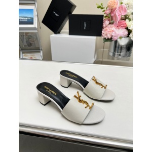 $65.00,YSL Block Heel Slides With Metal Logo plaque For Women # 280519